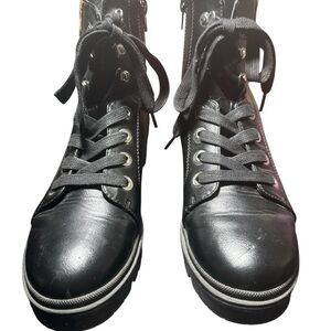 Nine West Women’s Size 7 Black‎ Lace Up Combat Boots Leopard Detail Side Zipper